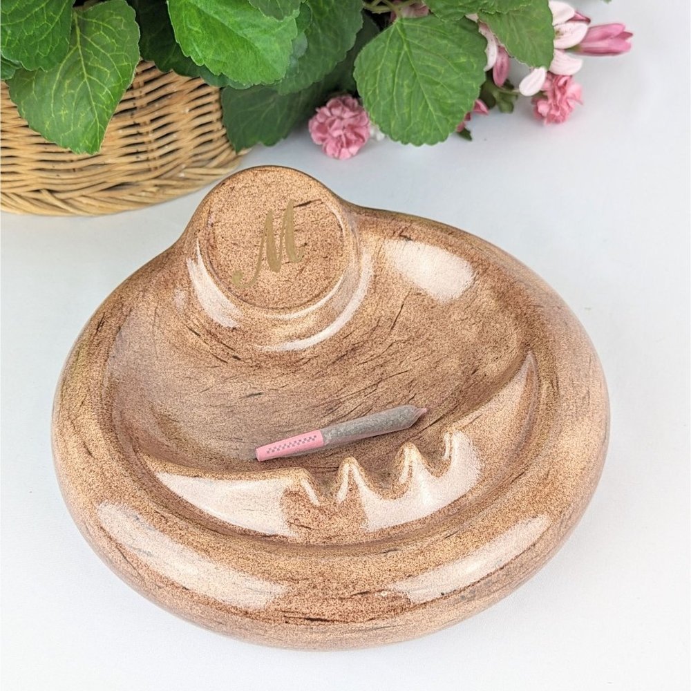 Large 9" Round Tan Ceramic Ashtray Gold Monogram M Dresser Cigar Bowl Catchall